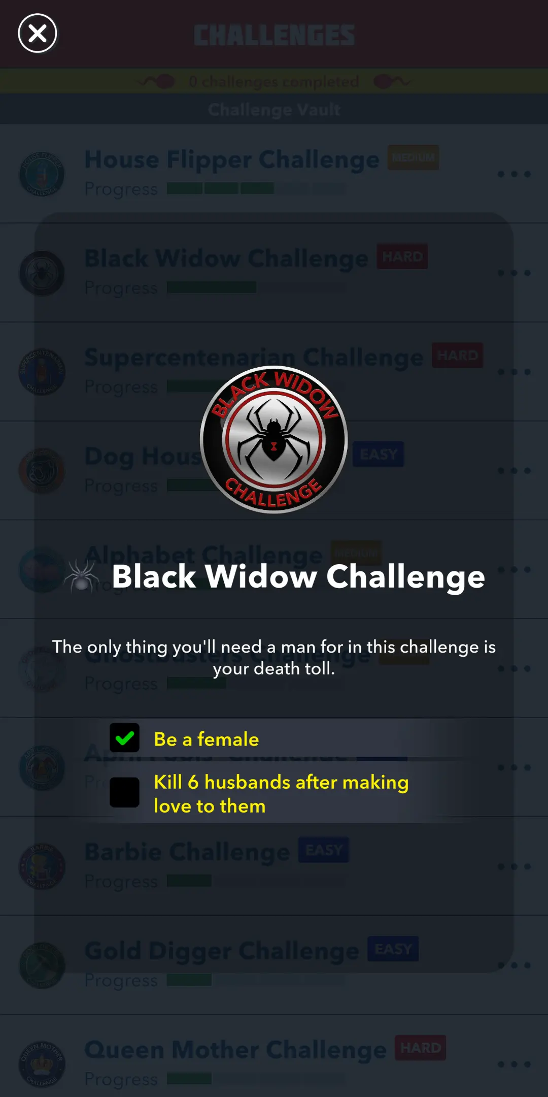 Black Widow challenge, black widow challenge in Bitlife