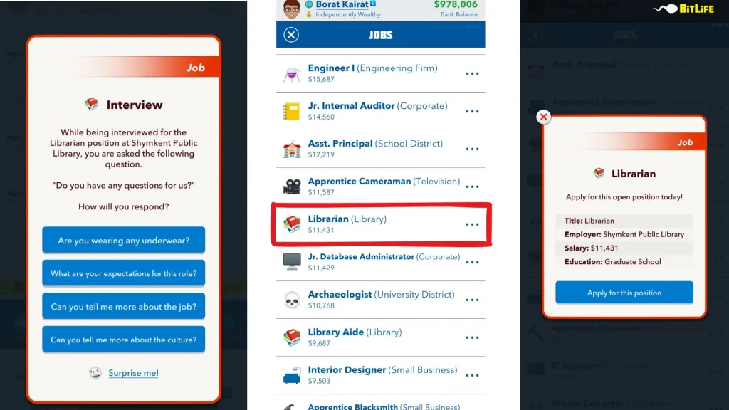 Librarian in Bitlife, Library, Librarian