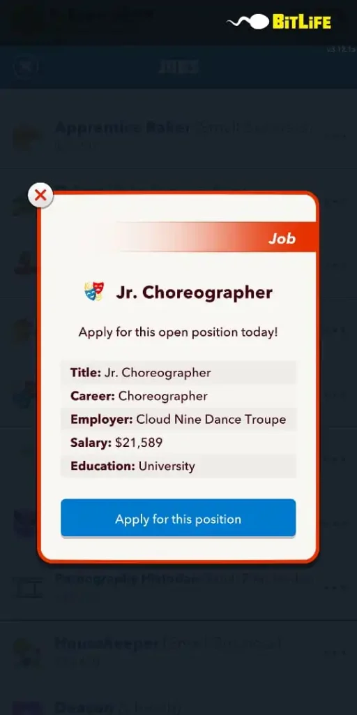 Jr. Choreographer in Bitlife