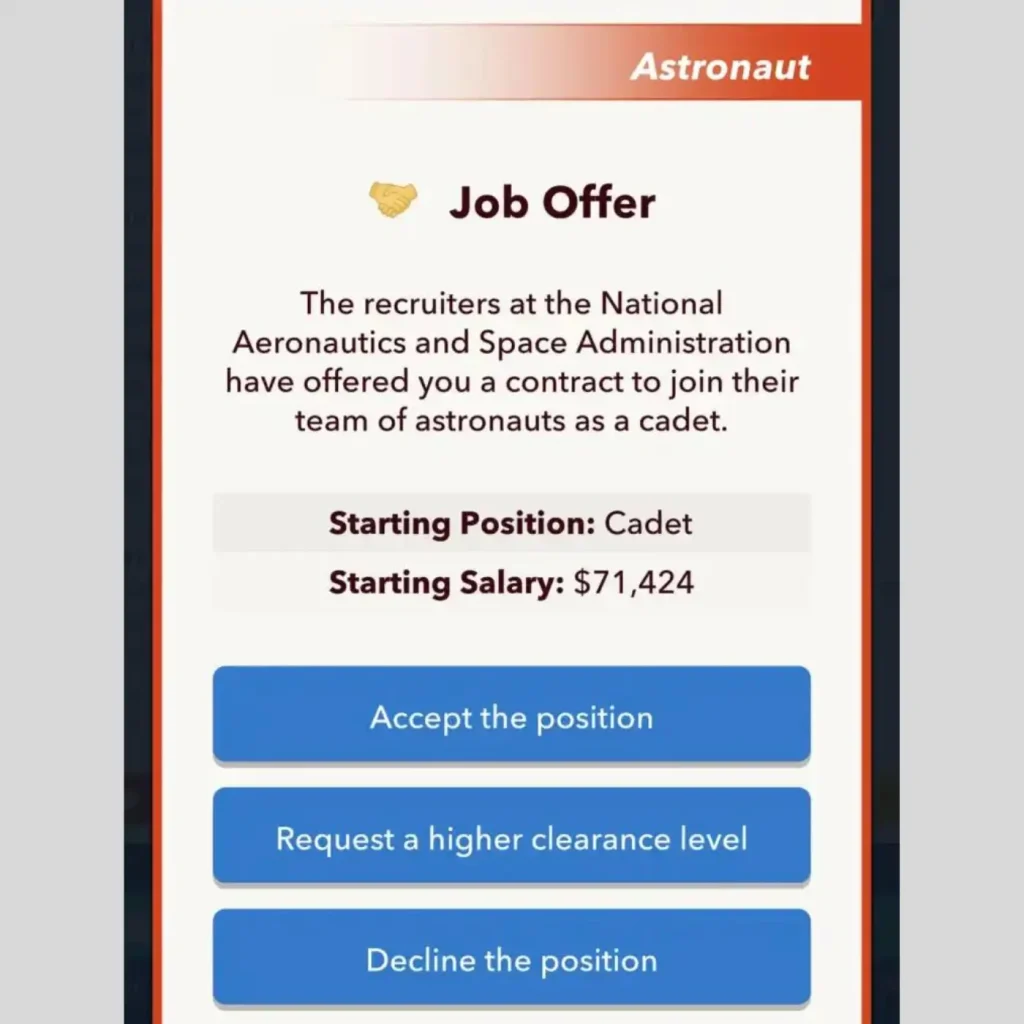 Astronaut Job Offer in Bitlife