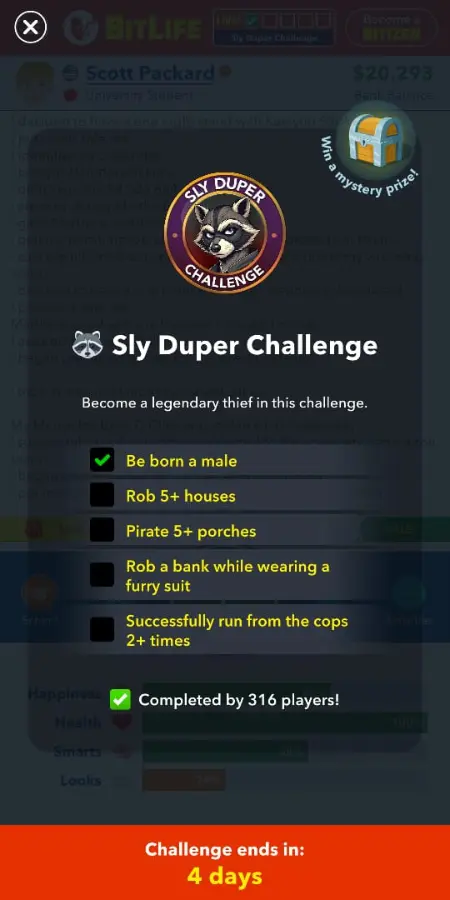 Sly Duper Challenge in Bitlife Tasks to complete