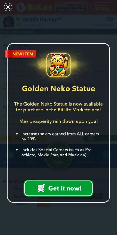 The Golden Neko Statue in Bitlife 2024