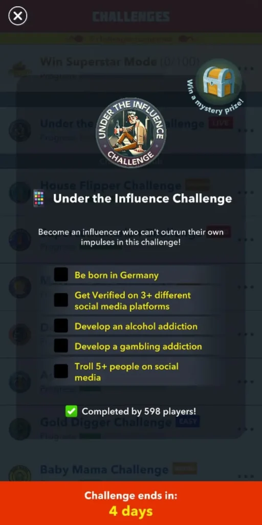 How to complete the Under the Influence Challenge in Bitlife 2 Under the Influence Challenge - Tasks to complete