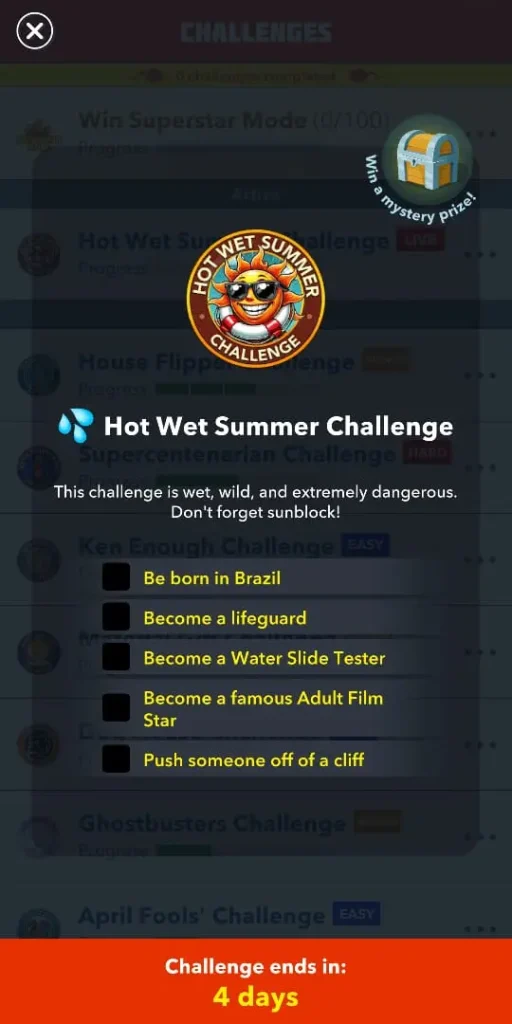 Hot Wet Summer Challenge Bitlife 2025 2 Hot Wet Summer Challenge in Bitlife 2025 - Tasks to complete