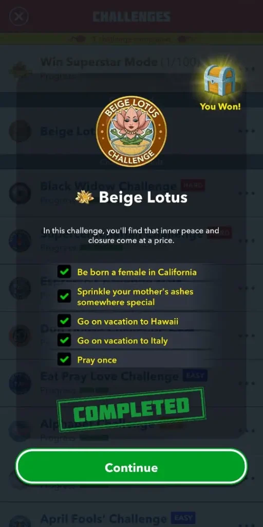 Beige Lotus Challenge in Bitlife 2025 2 Beige Lotus Challenge - Tasks to complete the challenge