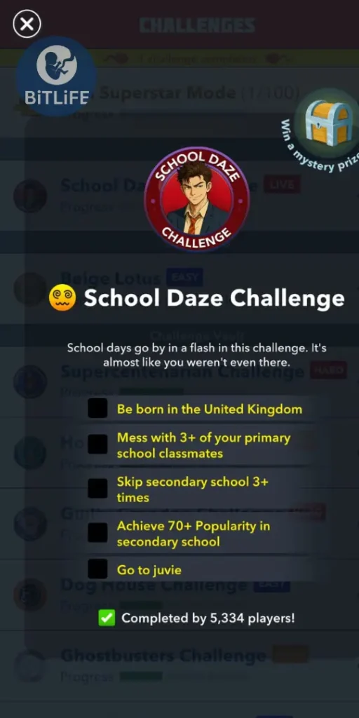 School Daze Challenge in BitLife 2025 2 School Daze Challenge in Bitlife 2025 Objectives to finish the challenge